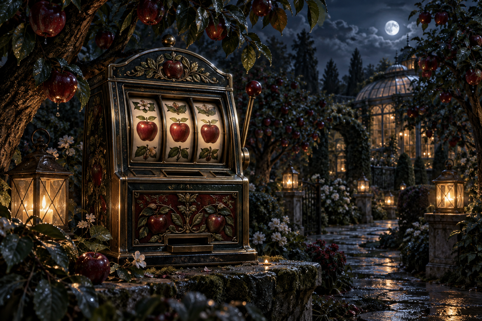 Game cabinet in a lantern-lit apple orchard
